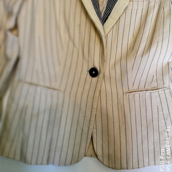 90s Vintage Calvin Klein pinstripe distressed Upcycled Linen-like blazer jacket - Picture 12 of 13